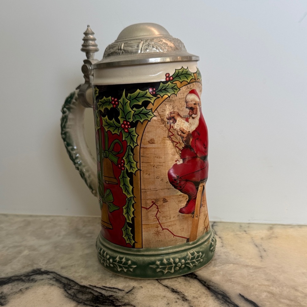Norman Rockwell Santa Holiday Ceramic Stein in Red, Green & Cream